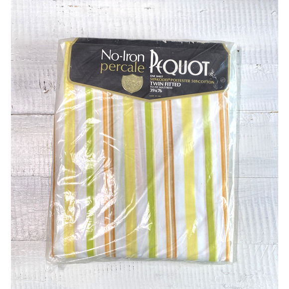 Vintage 1960s New Pequot Percale Twin Fitted Sheet Aurora Stripe Orange Yellow - Picture 12 of 12